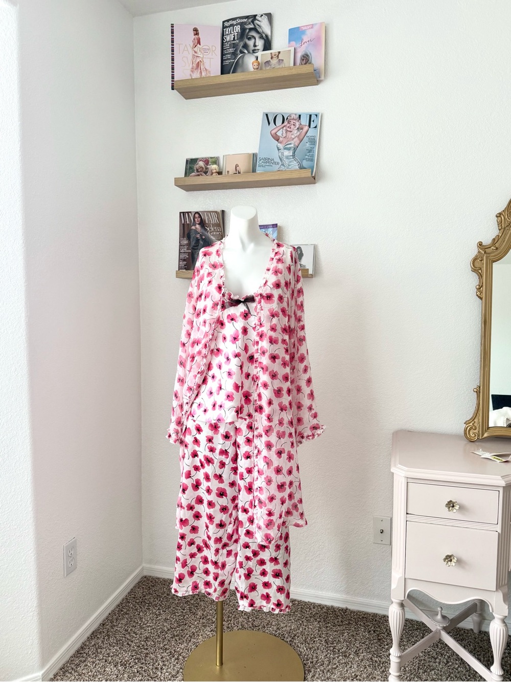 Vintage 90s Oscar de la Renta pink floral 3 PIECE pajama set - SIZE XL
